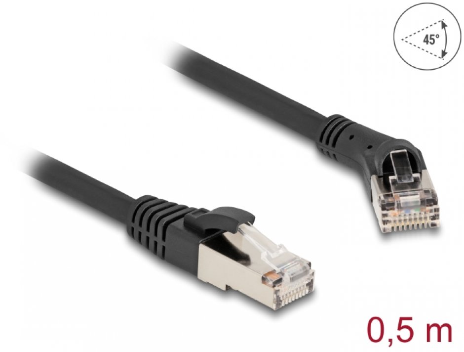 Imagine Cablu de retea RJ45 Cat.8.1 S/FTP drept/unghi 45 grade dreapta 0.5m Negru, Delock 80627