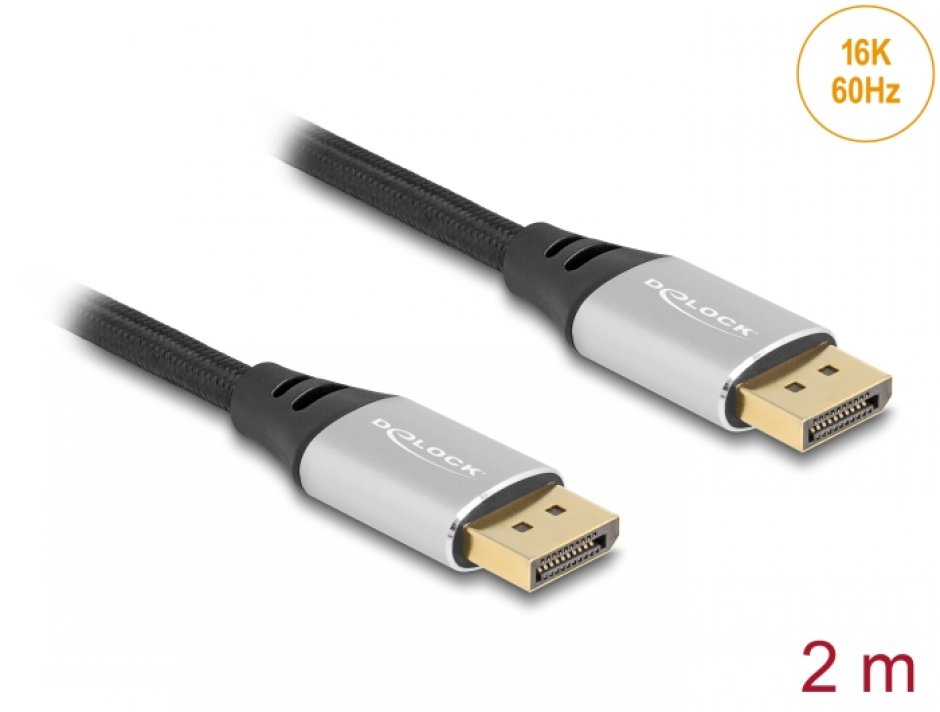 Imagine Cablu Displayport 16K60Hz/8K120Hz/4K240Hz T-T 2m brodat Gri, Delock 80634