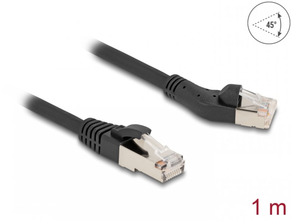 Imagine Cablu de retea RJ45 Cat.8.1 S/FTP drept/unghi 45 grade stanga 1m Negru, Delock 80752