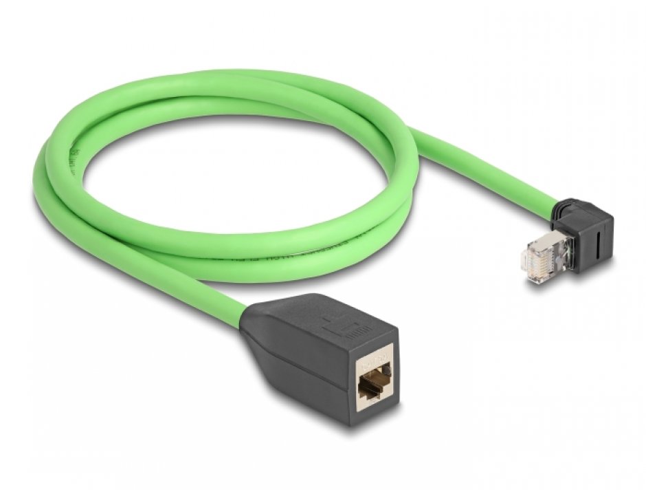 Imagine Cablu prelungitor de retea RJ45 Cat.6A SFTP drept/unghi sus TPU 1m Verde pentru medii industriale, Delock 80883