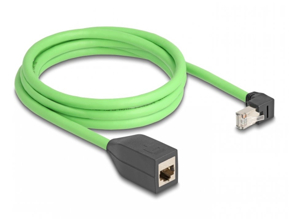 Imagine Cablu prelungitor de retea RJ45 Cat.6A SFTP drept/unghi jos TPU 2m Verde pentru medii industriale, Delock 80887