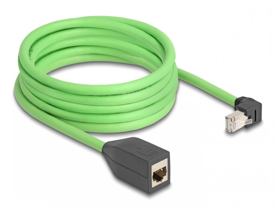 Imagine Cablu prelungitor de retea RJ45 Cat.6A SFTP drept/unghi jos TPU 5m Verde pentru medii industriale, Delock 80888