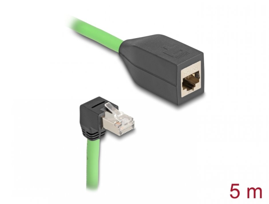 Imagine Cablu prelungitor de retea RJ45 Cat.6A SFTP drept/unghi jos TPU 5m Verde pentru medii industriale, Delock 80888