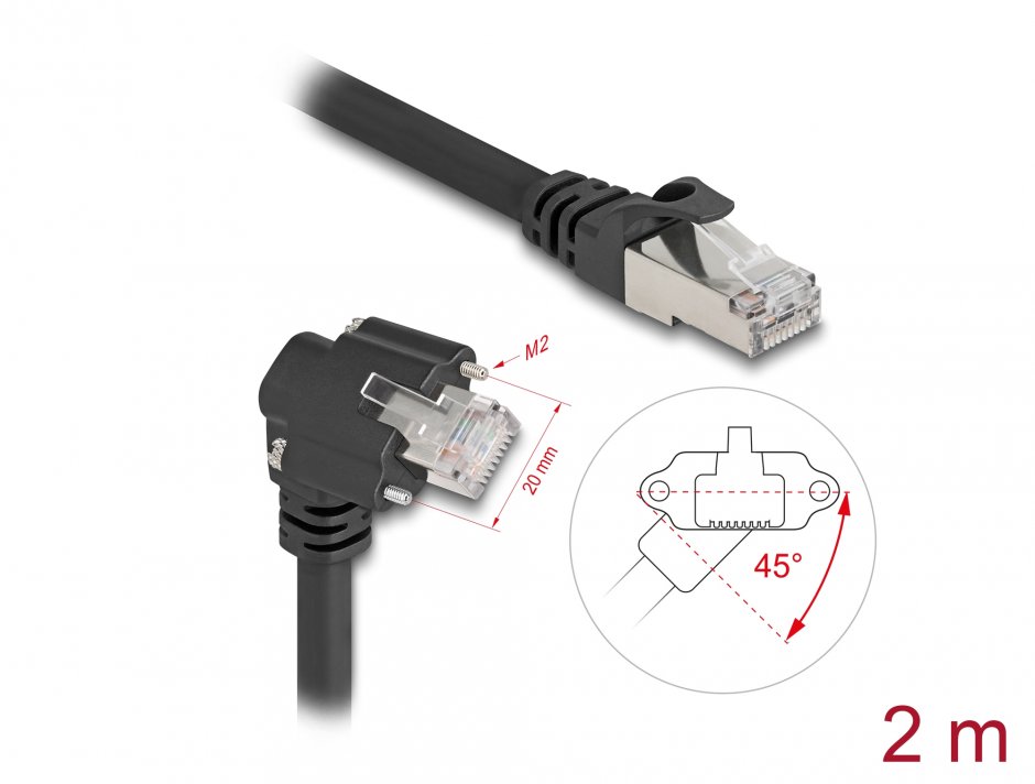 Imagine Cablu de retea RJ45 Cat.6 SFTP drept/unghi cu suruburi 2m Negru, Delock 80918