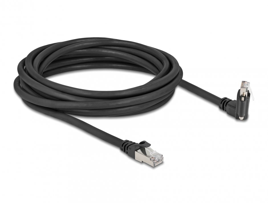 Imagine Cablu de retea RJ45 Cat.6 SFTP drept/unghi cu suruburi 5m Negru, Delock 80920