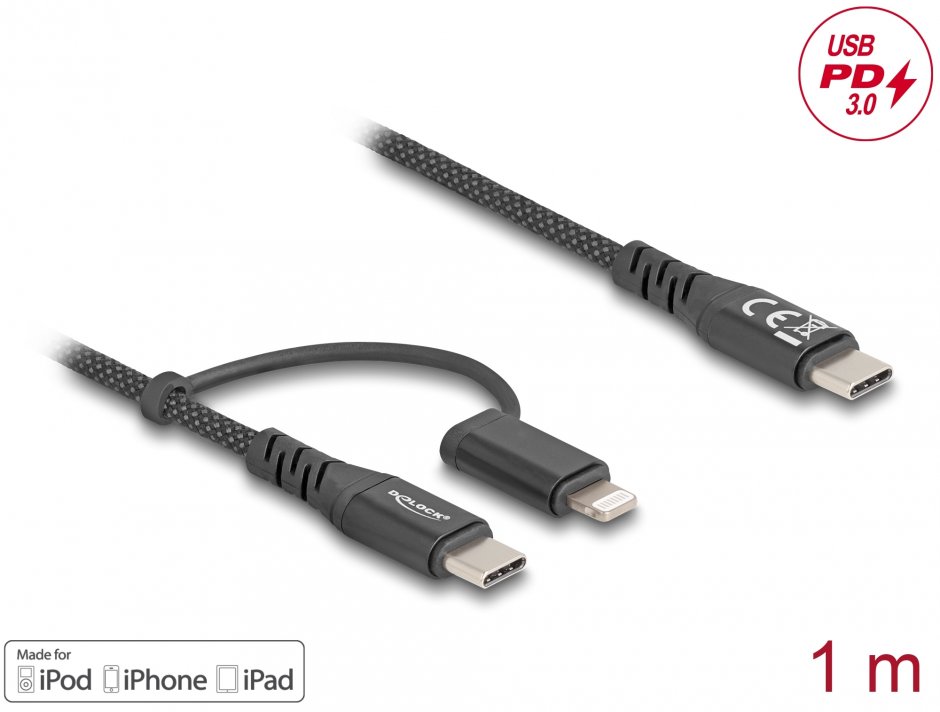 Imagine Cablu 2 in 1 USB Type C la USB Type-C / Lightning iPhone/iPad MFi 60W 1m, Delock 81170