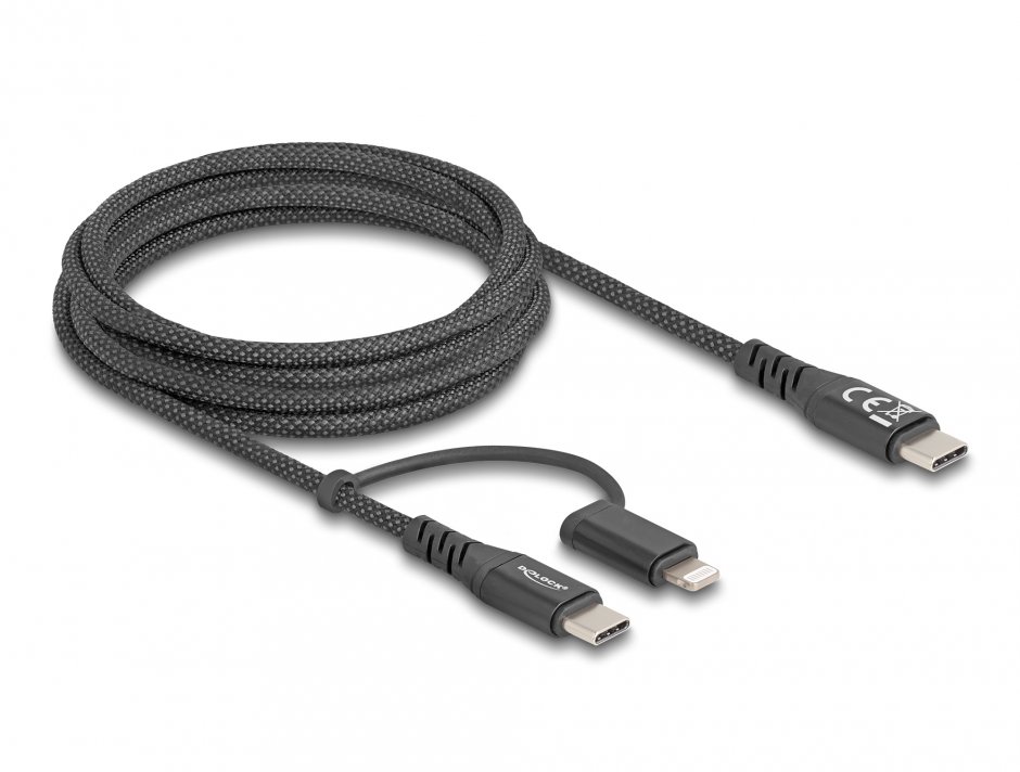 Imagine Cablu 2 in 1 USB Type C la USB Type-C / Lightning iPhone/iPad MFi 60W 2m, Delock 81171