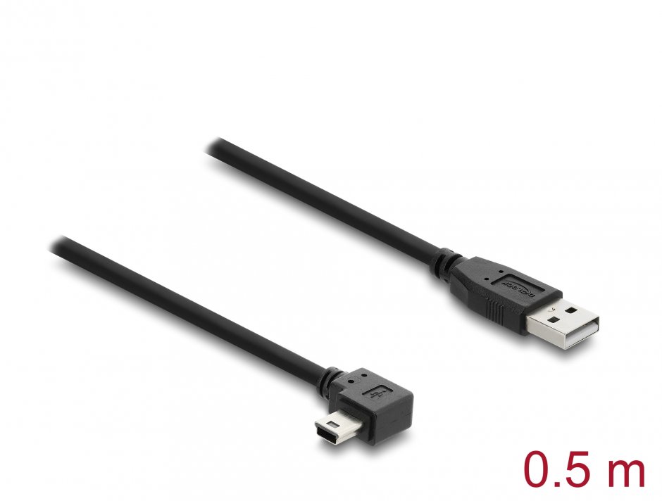 Imagine Cablu USB-A 2.0 la mini USB drept/unghi 90 grade T-T 0.5m Negru, Delock 81650