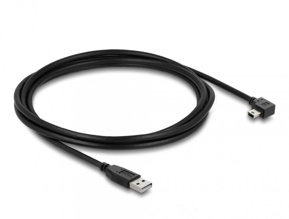 Imagine Cablu USB-A 2.0 la mini USB drept/unghi 90 grade T-T 2m Negru, Delock 81652