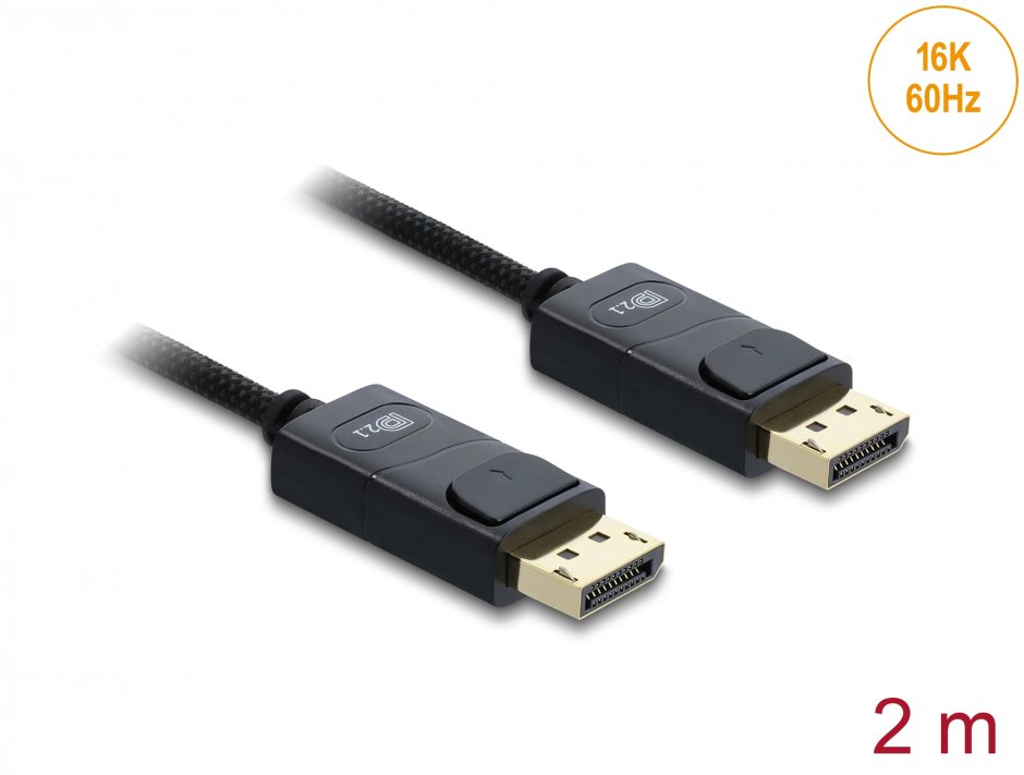 Imagine Cablu Coaxial DisplayPort 16K60Hz/8K120Hz/4K240Hz 80Gbps brodat 2m Negru, Delock 81672