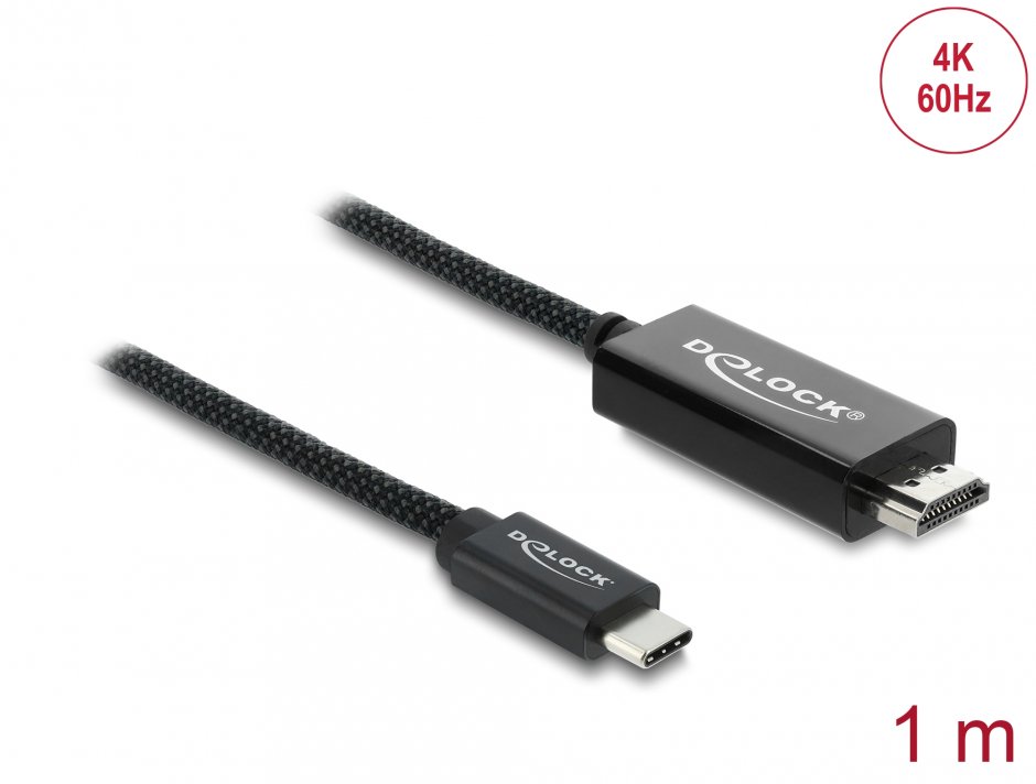 Imagine Cablu Coaxial USB Type C la HDMI (DP Alt Mode) 4K60Hz brodat 1m Negru, Delock 81703