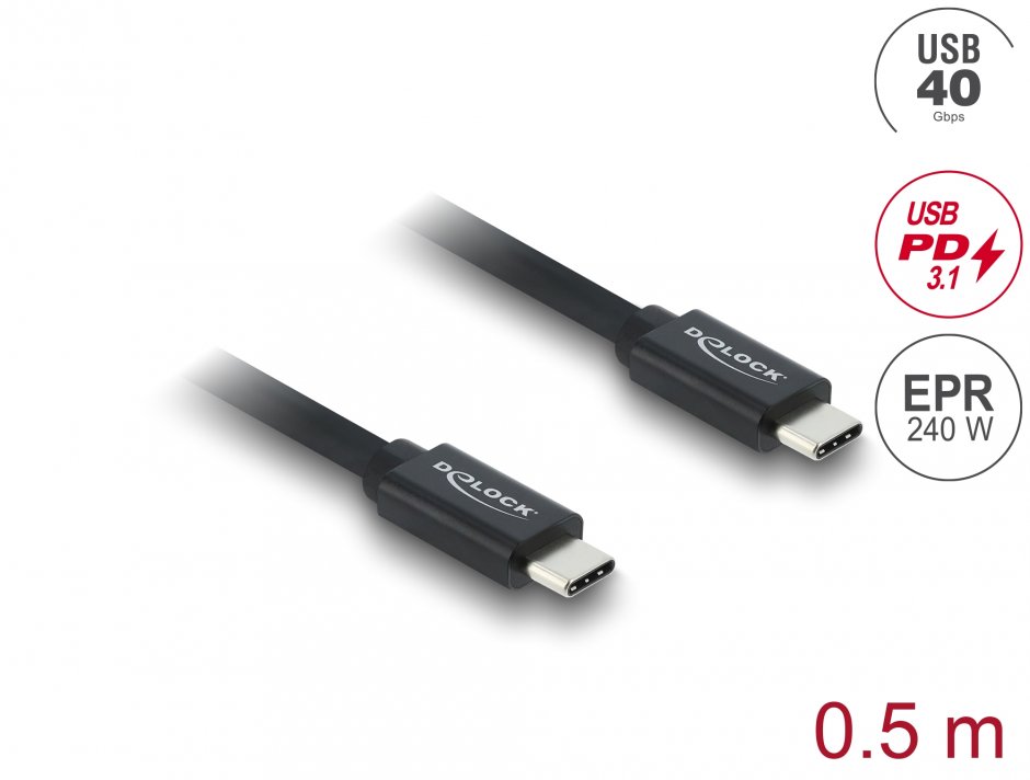 Imagine Cablu Coaxial USB 40 Gbps 240W PD 3.1 8K30Hz 0.5m Negru, Delock 81705