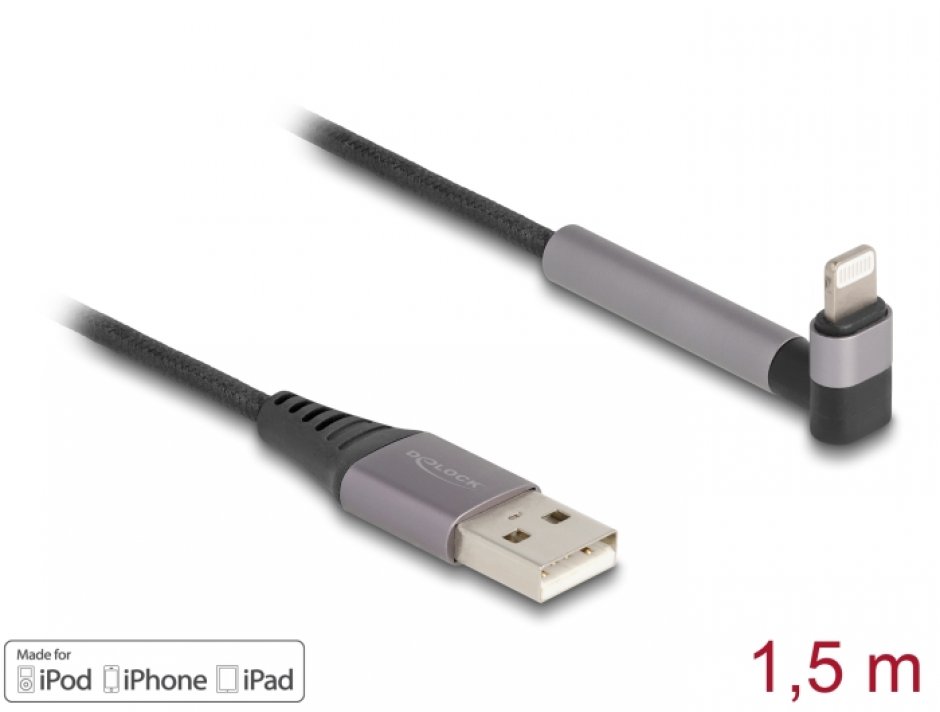 Imagine Cablu USB-A la iPhone Lightning drept/unghi MFI T-T 1.5m cu functie de stand, Delock 85404