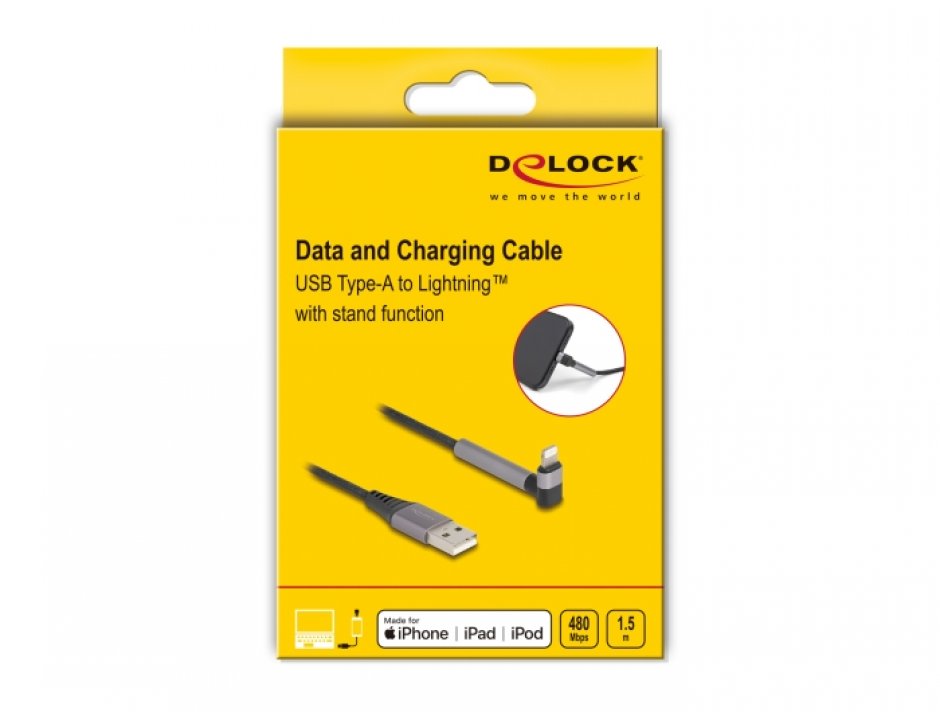 Imagine Cablu USB-A la iPhone Lightning drept/unghi MFI T-T 1.5m cu functie de stand, Delock 85404