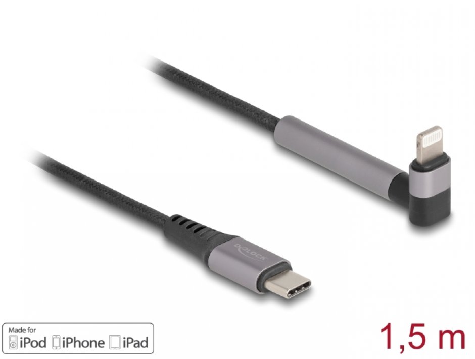 Imagine Cablu USB type C la iPhone Lightning drept/unghi MFI T-T 1.5m cu functie de stand, Delock 85405