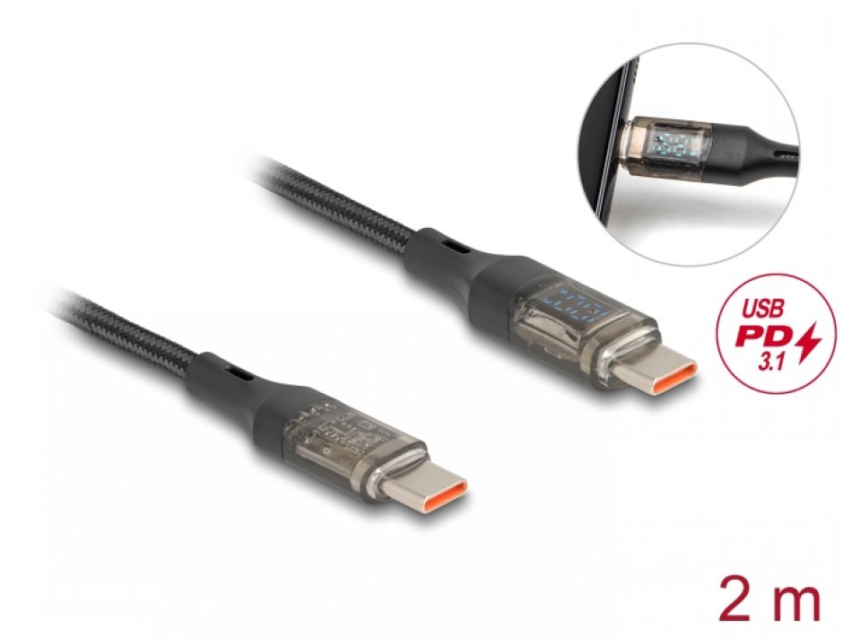 Imagine Cablu USB 2.0 type C Fast Charging PD3.0/100W cu afisaj 2m Transparent, Delock 85409