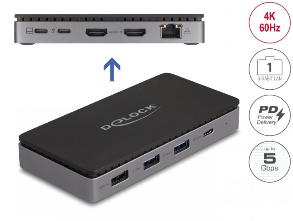 Imagine Docking station USB type C la Dual HDMI MST 4K60Hz/USB/Gigabit LAN/PD 3.0 85W, Delock 88271