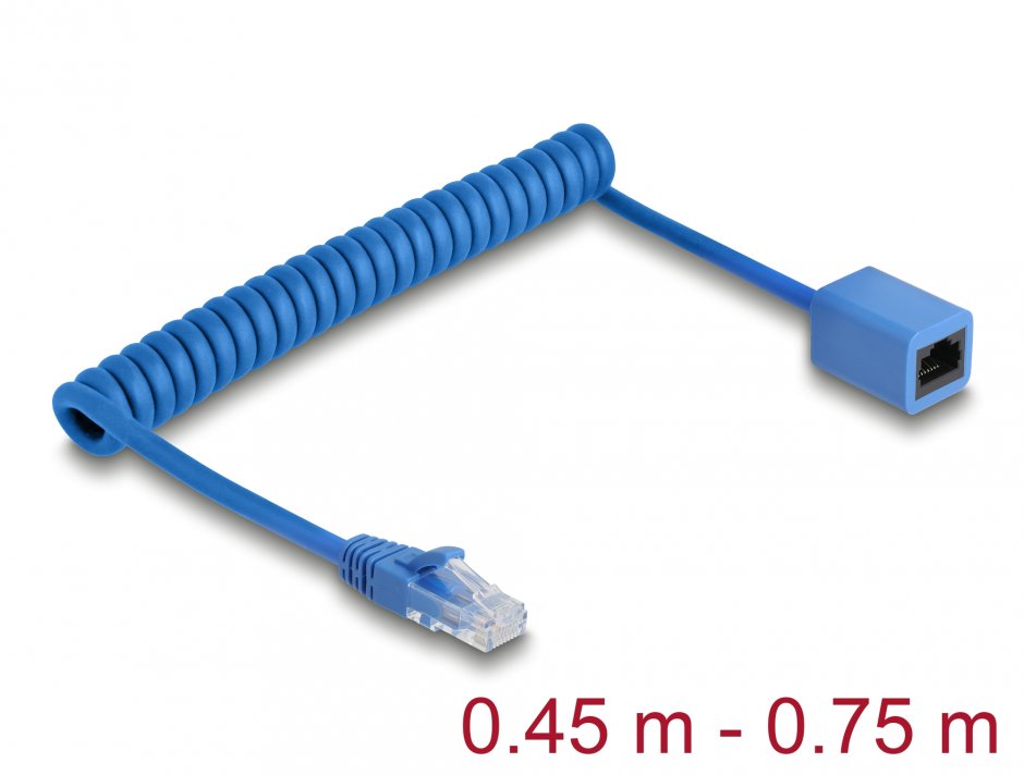 Imagine Cablu prelungitor spiralat RJ45 Cat.6 UTP max 0.75m Albastru, Delock 90364