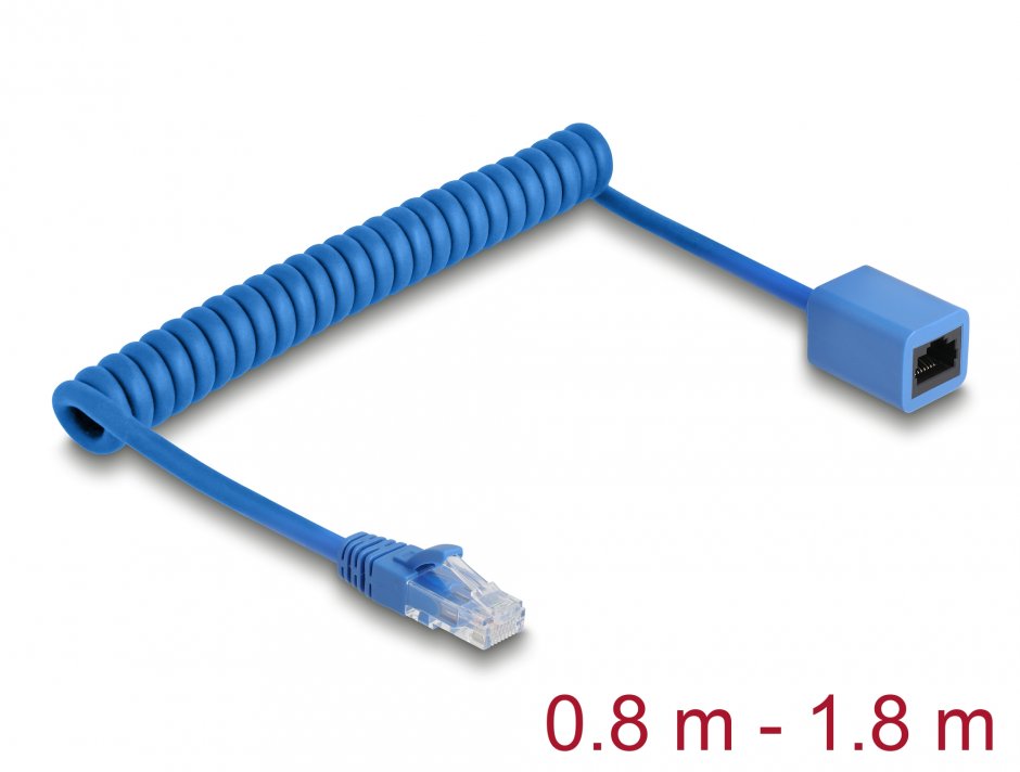 Imagine Cablu prelungitor spiralat RJ45 Cat.6 UTP max 1.8m Albastru, Delock 90366