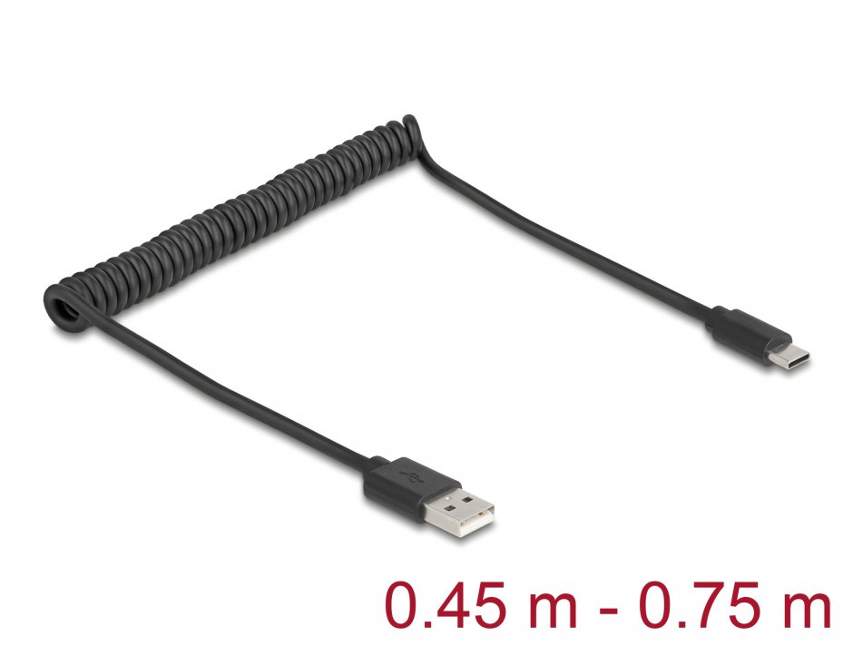 Imagine Cablu spiralat USB 2.0-A la USB type C T-T max 0.75m, Delock 90368