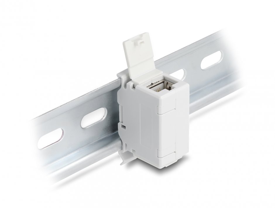 Imagine Cupla RJ45 Cat.6A cu capac de protectie impotriva prafului pentru montare sina DIN, Delock 90768