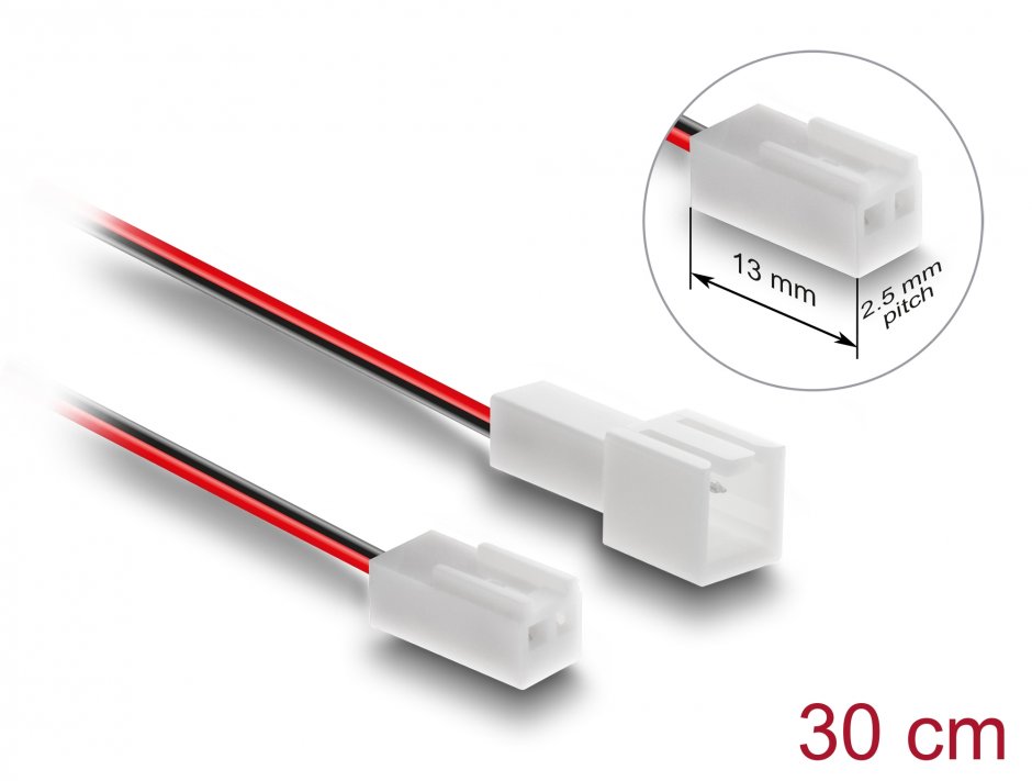 Imagine Cablu prelungitor alimentare ventilator 2 pini lungime conector 13mm/pitch 2.5mm T-M 30cm, Delock 90869
