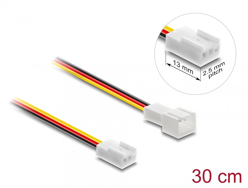 Imagine Cablu prelungitor alimentare ventilator 3 pini lungime conector/pitch 2.5mm 13mm T-M 30cm, Delock 90870