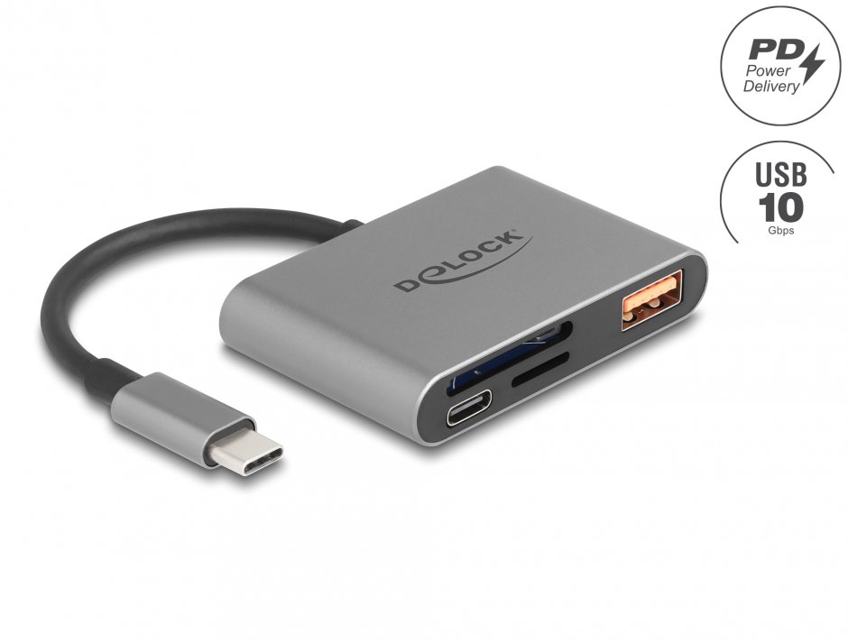 Imagine Cititor de carduri USB type C la SD/micro SD + USB-A + USB-C PD 85W, Delock 91016