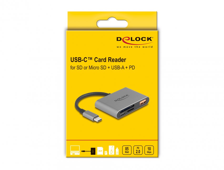 Imagine Cititor de carduri USB type C la SD/micro SD + USB-A + USB-C PD 85W, Delock 91016