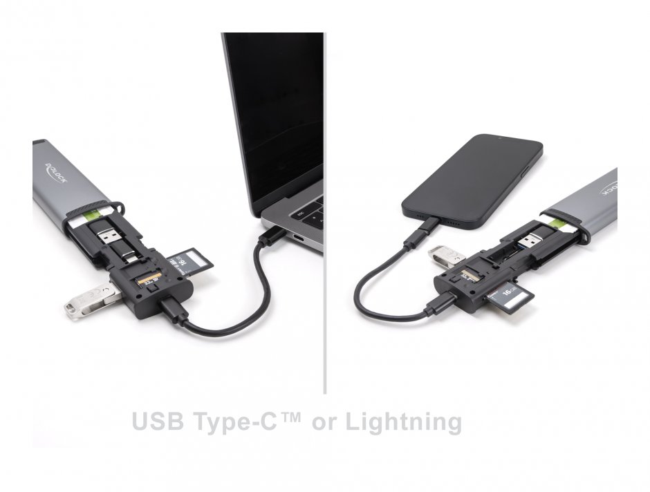 Imagine Cititor de carduri USB 5 Gbps cu slot SD/Micro SD + adaptoare + spatii depozitare card, Delock 91018