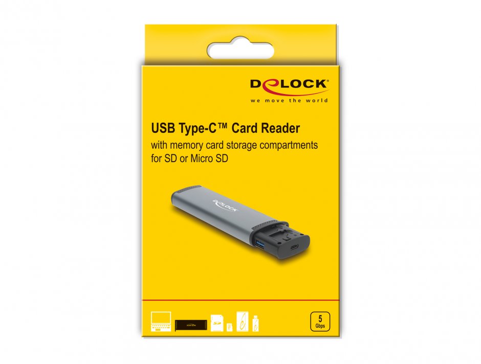 Imagine Cititor de carduri USB 5 Gbps cu slot SD/Micro SD + adaptoare + spatii depozitare card, Delock 91018