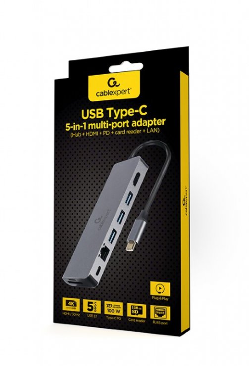 Imagine Docking station USB type C la HDMI 4K + 2 x USB-A + slot SD + Gigabit LAN + PD 60W, Gembird A-CM-COMBO5-05