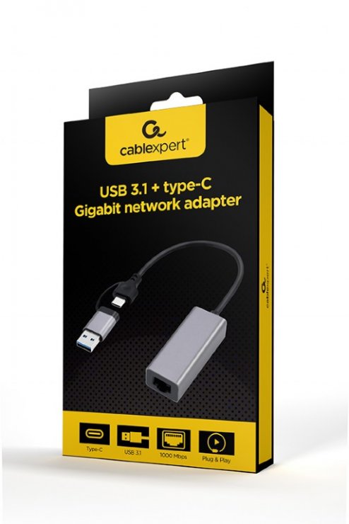 Imagine Adaptor USB 3.2 type C + adaptor USB-A la LAN 2.5Gb, Gembird A-USB3AC-LAN2G-01
