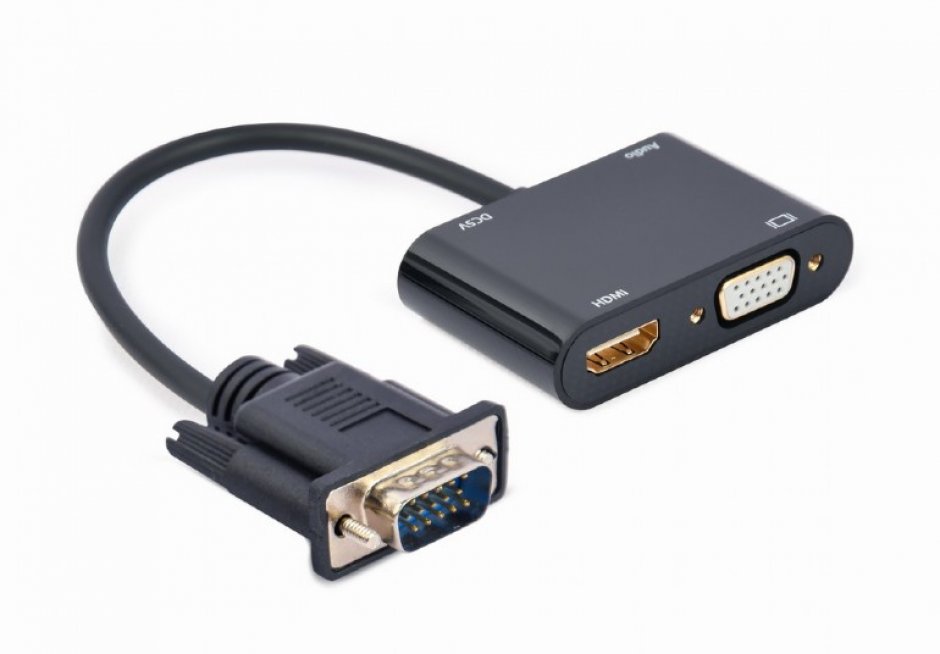 Imagine Adaptor VGA la HDMI Full HD + VGA T-M 15cm, Gembird A-VGA-HDMI-02