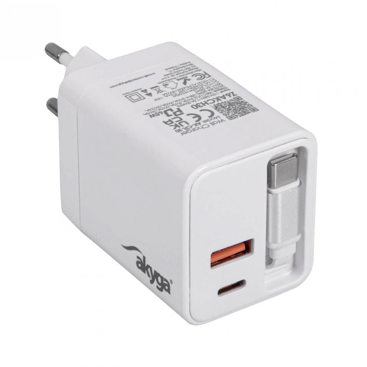 Imagine Incarcator priza USB-A + USB type C PD GaN 65W + cablu USB type C, Akyga AK-CH-30
