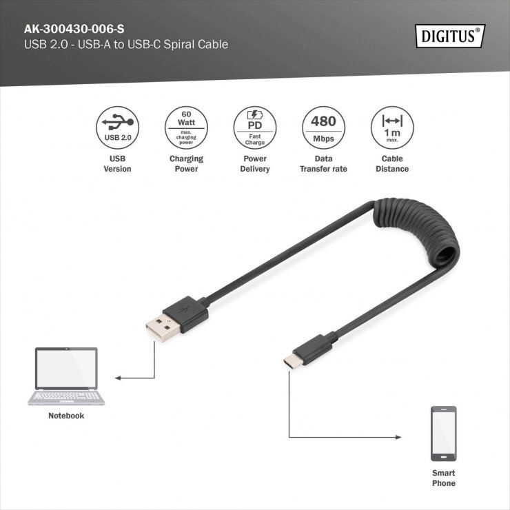 Imagine Cablu spiralat USB-A 2.0 la USB type C 60W 0.3m - 1m Negru, Digitus AK-300430-006-S
