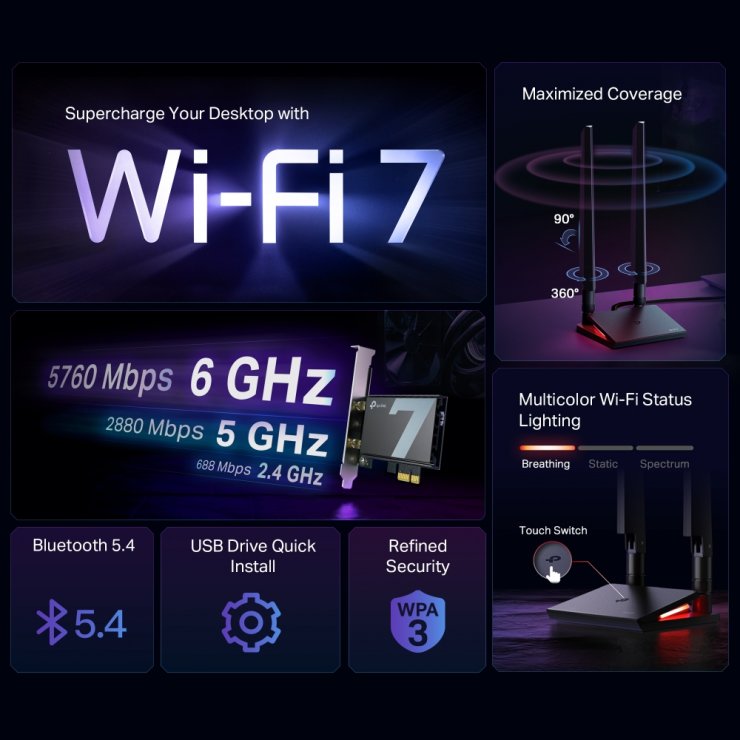 Imagine Placa de retea PCI Express BE9300 Wi-Fi 7 Bluetooth 5.4, TP-LINK Archer TBE550E