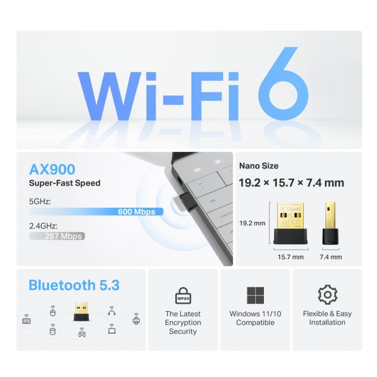 Imagine Adaptor USB AX900 Nano Wi-Fi 6 Bluetooth 5.3, TP-LINK Archer TX10UB Nano