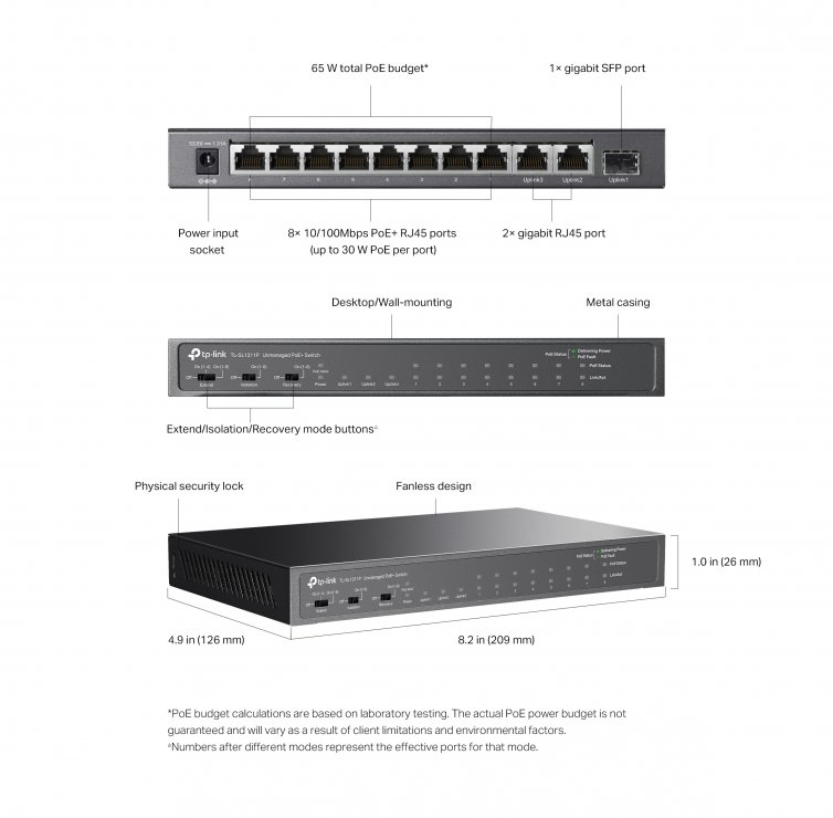 Imagine Switch 8 x 10/100Mbps + 2 x Gigabit + 1 x SPF Gigabit (din care 8 x PoE+), TP-LINK TL-SL1311P