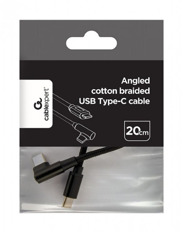 Imagine Cablu USB 2.0-C la USB type C drept/unghi T-T 0.2m brodat Negru, Gembird CC-USB2-CMCML-0.2M