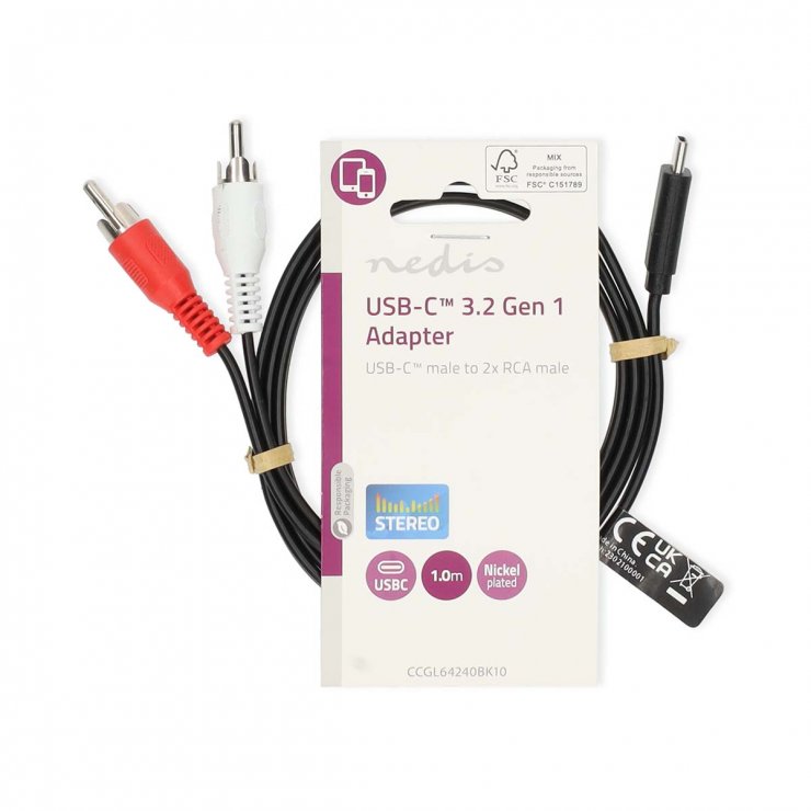 Imagine Cablu USB type C la 2 x RCA 1m, Nedis CCGL64240BK10