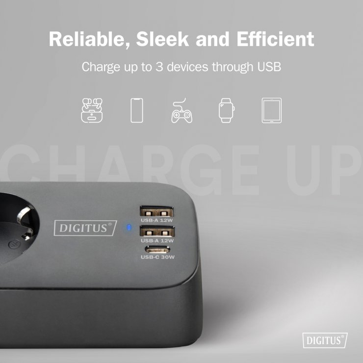 Imagine Prelungitor cu 3 x Schuko + 2 x USB-A + 1 x USB-C cu montare birou Negru 1.5m, Digitus DA-70625