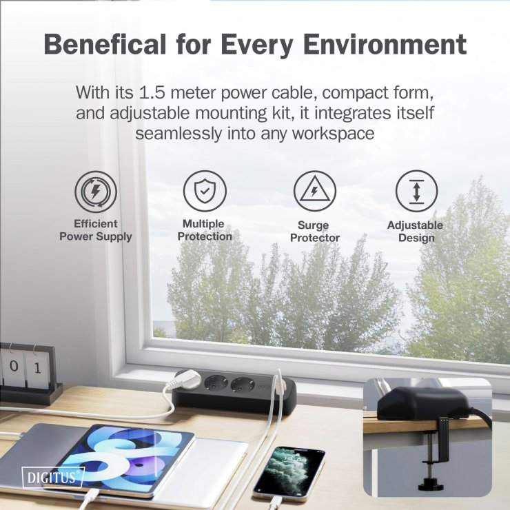 Imagine Prelungitor cu 3 x Schuko + 2 x USB-A + 1 x USB-C cu montare birou Negru 1.5m, Digitus DA-70625