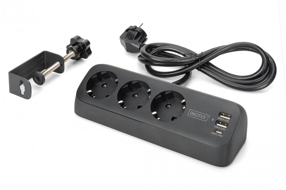 Imagine Prelungitor cu 3 x Schuko + 2 x USB-A + 1 x USB-C cu montare birou Negru 1.5m, Digitus DA-70625