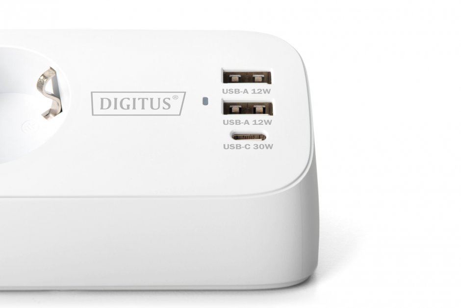Imagine Prelungitor cu 3 x Schuko + 2 x USB-A + 1 x USB-C cu montare birou Alb 1.5m, Digitus DA-70626