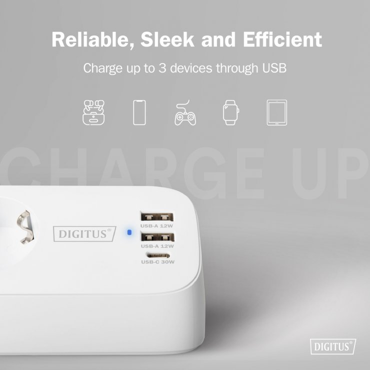 Imagine Prelungitor cu 3 x Schuko + 2 x USB-A + 1 x USB-C cu montare birou Alb 1.5m, Digitus DA-70626