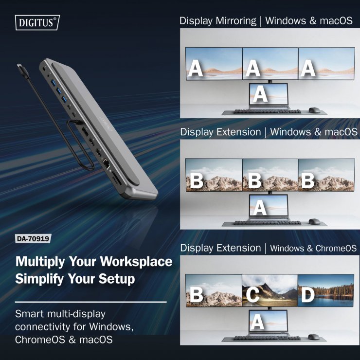Imagine Docking station USB type C la 2 x HDMI/Displayport 8K30Hz/3xUSB-A/1xUSB type C/Gigabit LAN/micro SD+SD/jack 3.5mm + PD 100W, Digitus DA-70919