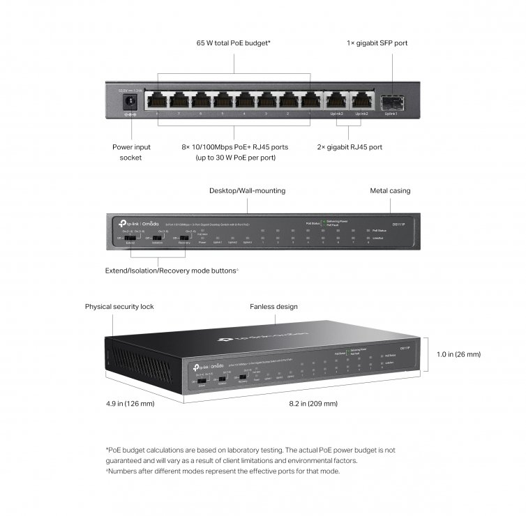 Imagine Switch Omada 8 x 10/100Mbps + 2 x Gigabit Unmanaged + 1 x Gigabit SFP (din care 8 x PoE+), TP-LINK DS111P