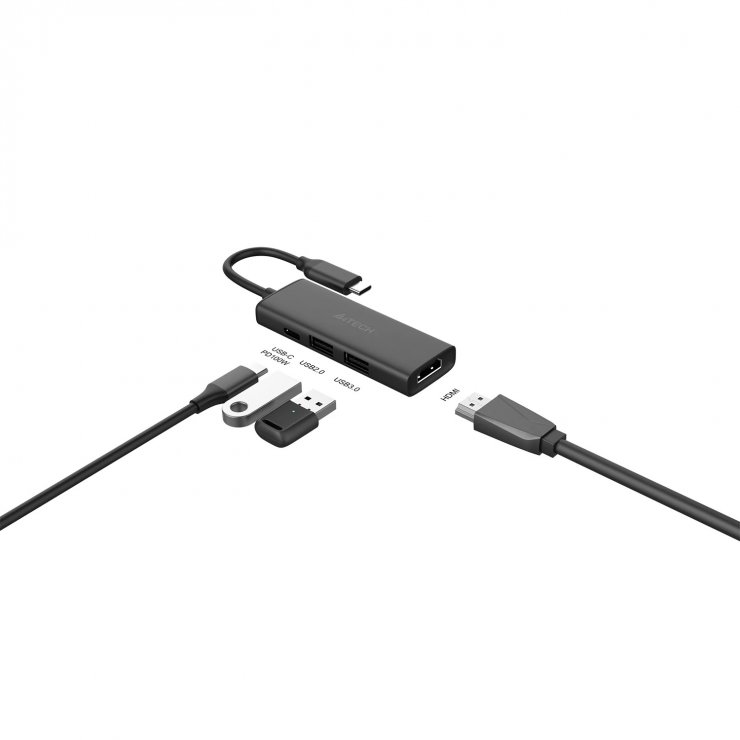 Imagine Docking station USB type C la HDMI 4K30Hz + 2 x USB-A + 1 x USB type C PD 100W, A4TECH DST-40C-GR