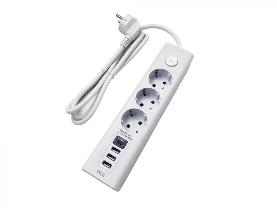 Imagine Prelungitor cu 3 x Schuko + 1 x USB type C + 3 x USB-A 3m Alb, EXTS-3S3M-USBC4-WL